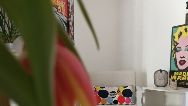 Een moderne woonkamer met een witte bank, een kleurrijk kussen, een klein tafeltje met een decoratieve accessoire, en een schilderij aan de muur.