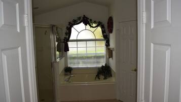 Shower, hair dryer, towels, toilet paper