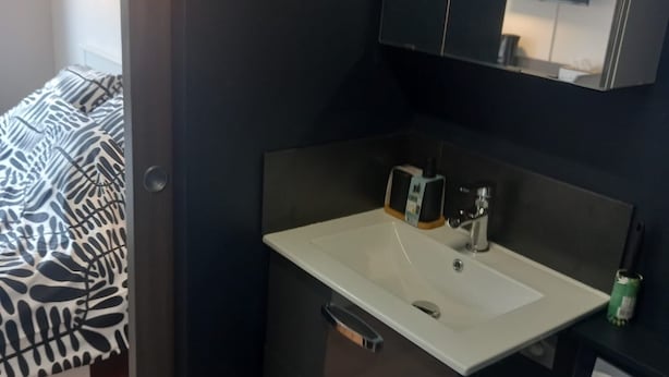 A modern bathroom with a dark vanity, a white sink, and a mirror above it. - A pleasant room with shower room, 160cm bed and all comforts included. (Lavelanet)
