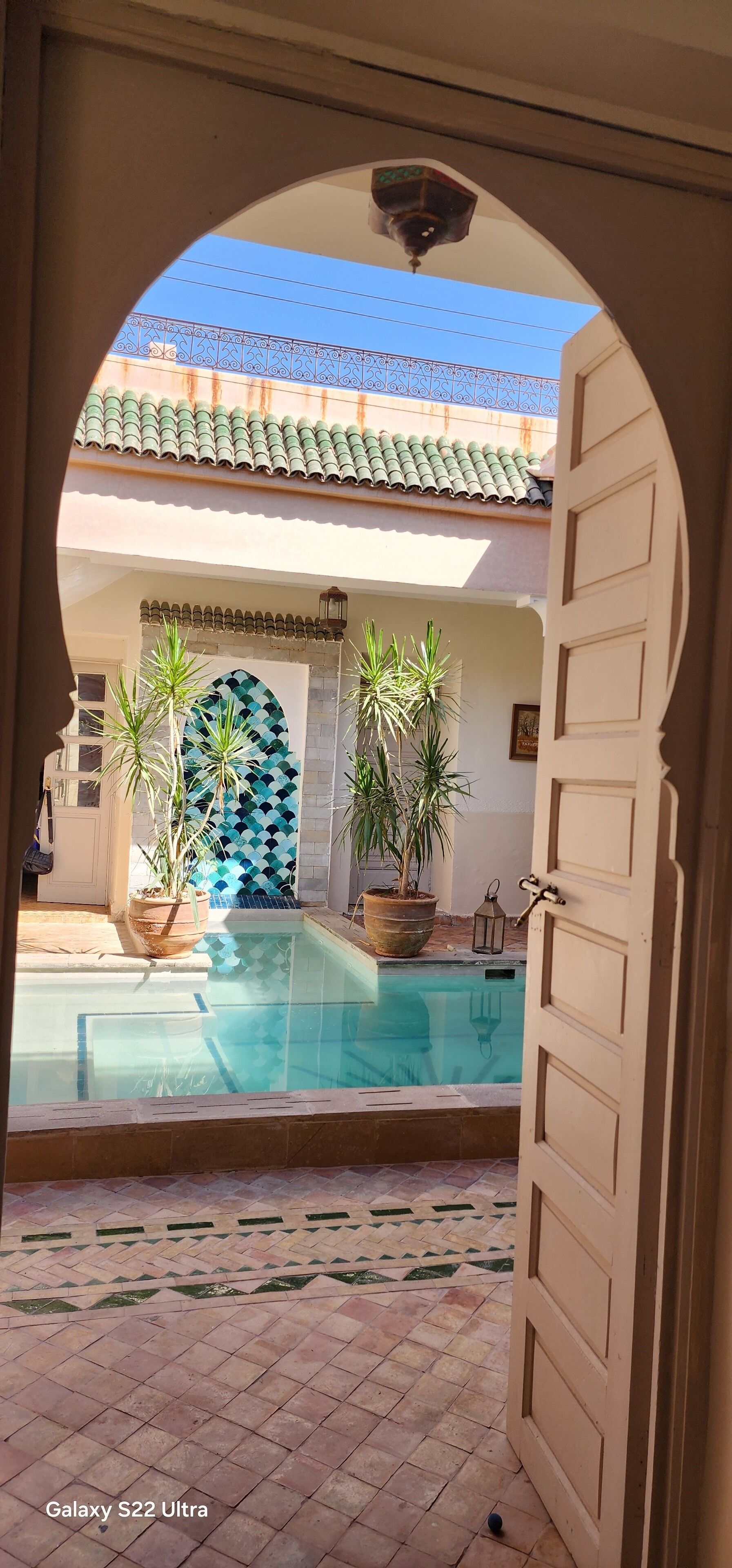 Zona de piscina exterior con suelo de baldosas, plantas en macetas y una pared decorativa.