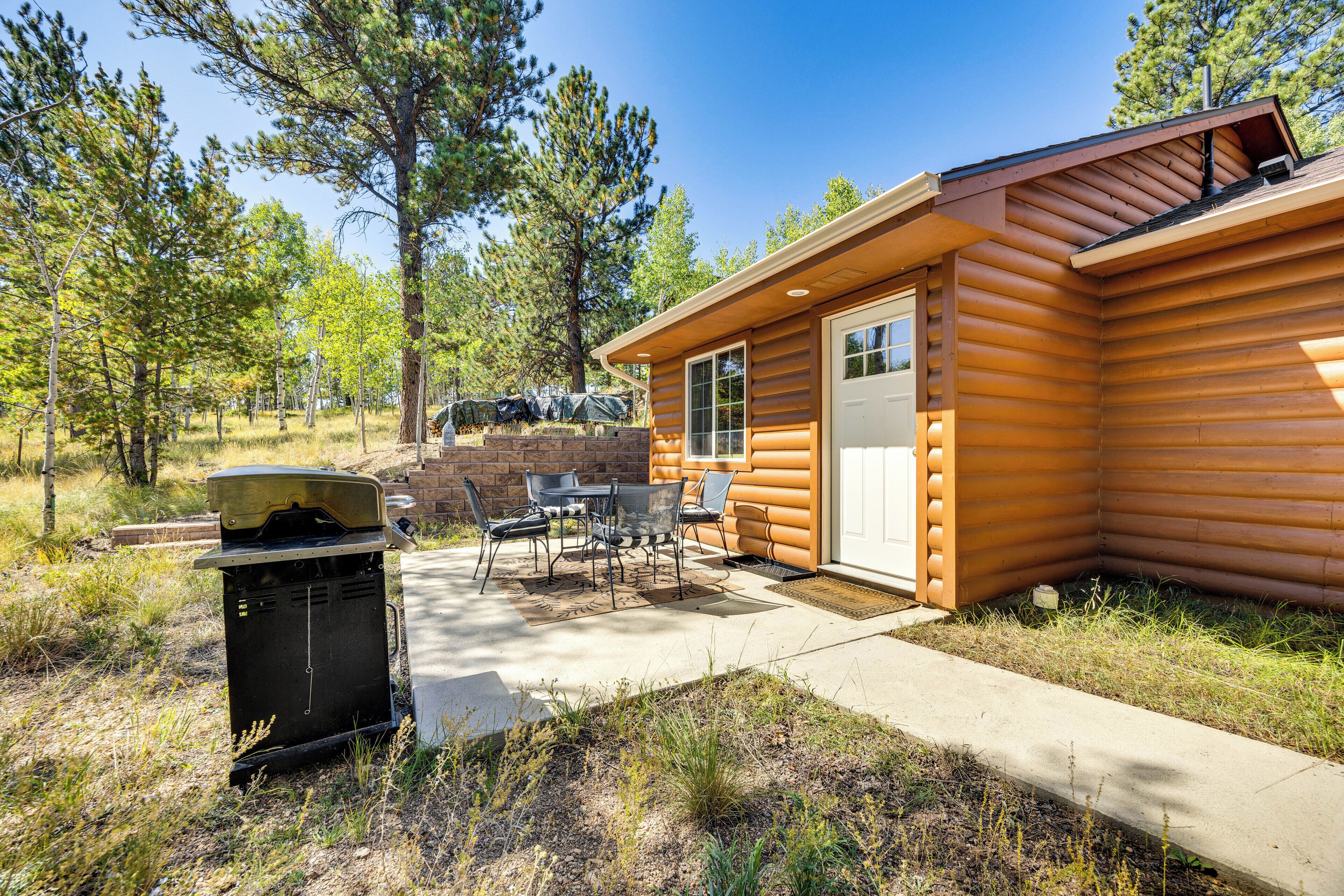 A log cabin with a patio area, outdoor seating, and a grill.