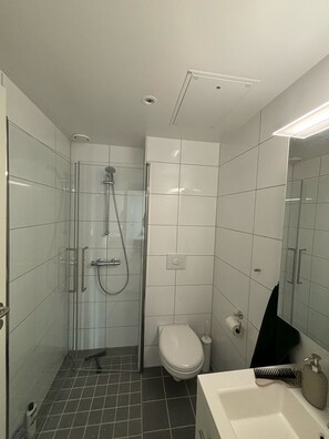 Un baño moderno con ducha de vidrio, inodoro y lavamanos con espejo.