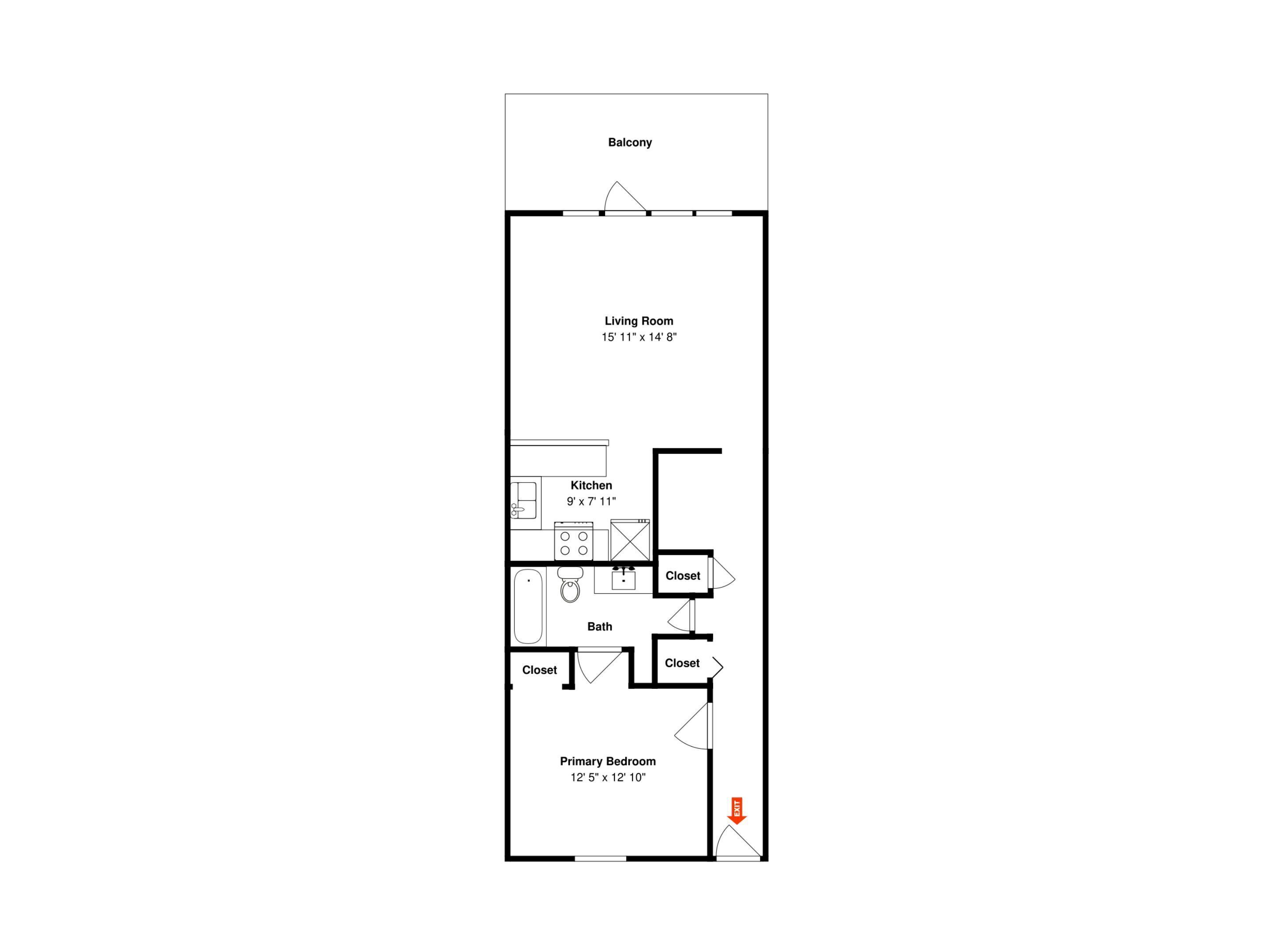A floor plan of a hotel room with a balcony, living room, kitchen, two closets, a bathroom, and a primary bedroom.