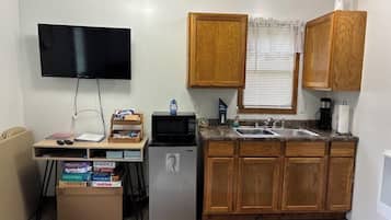 Fridge, microwave, coffee/tea maker, toaster