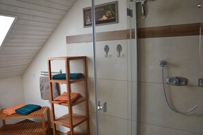 Dusche, Haartrockner, Handtücher, Seife