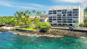 Un hotel moderno con varios pisos, una costa rocosa y palmeras.