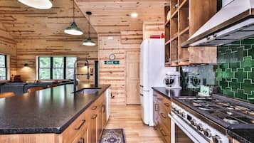 Fridge, stovetop, dishwasher, coffee/tea maker