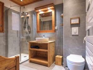 Shower, hair dryer, bidet, towels