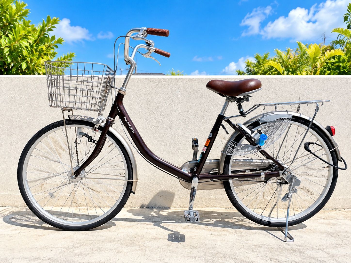 A stationary bicycle with a basket, a seat, and a rear rack, parked against a wall with a clear sky and greenery in the background.