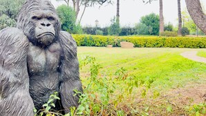Une statue de gorille dans un parc, avec des arbres et une pelouse bien entretenue.