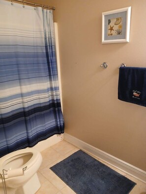 Une salle de bain avec un rideau de douche à rayures, un tableau encadré accroché au mur, une serviette suspendue à un porte-serviettes et un tapis foncé sur le sol.