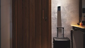 A room with a wooden door, a wall-mounted elevator, a small table with a plant, and a suitcase on the floor. - Dimora Harmonia, authentic charm combined by modern and refined ambience. (Carini)