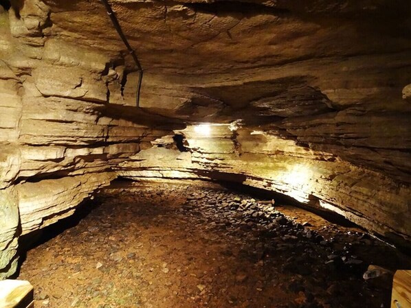 A cave interior with uneven rock walls and a rough ground surface.