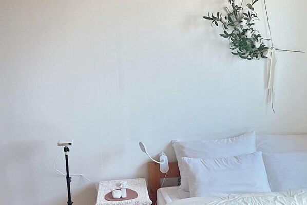 Una habitación de hotel con una cama, una mesita de noche con una lámpara, una planta en la pared y un palo para selfies sobre un trípode.