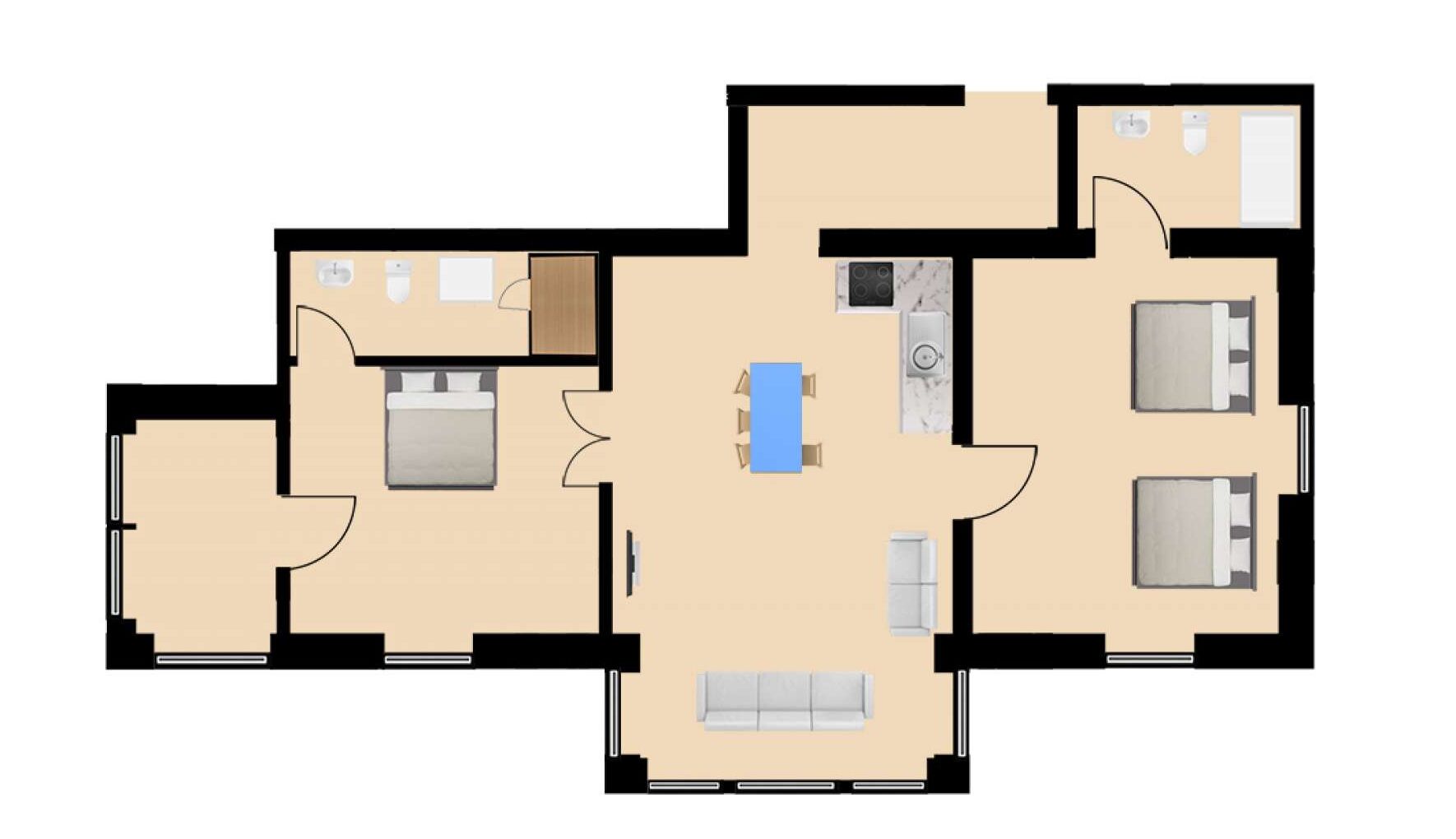 A floor plan of a hotel with a central living area, two bedrooms, a bathroom, and a kitchen.
