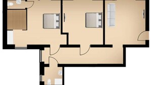 Distribución de un hotel con dos dormitorios, un baño, una cocina y una sala de estar.