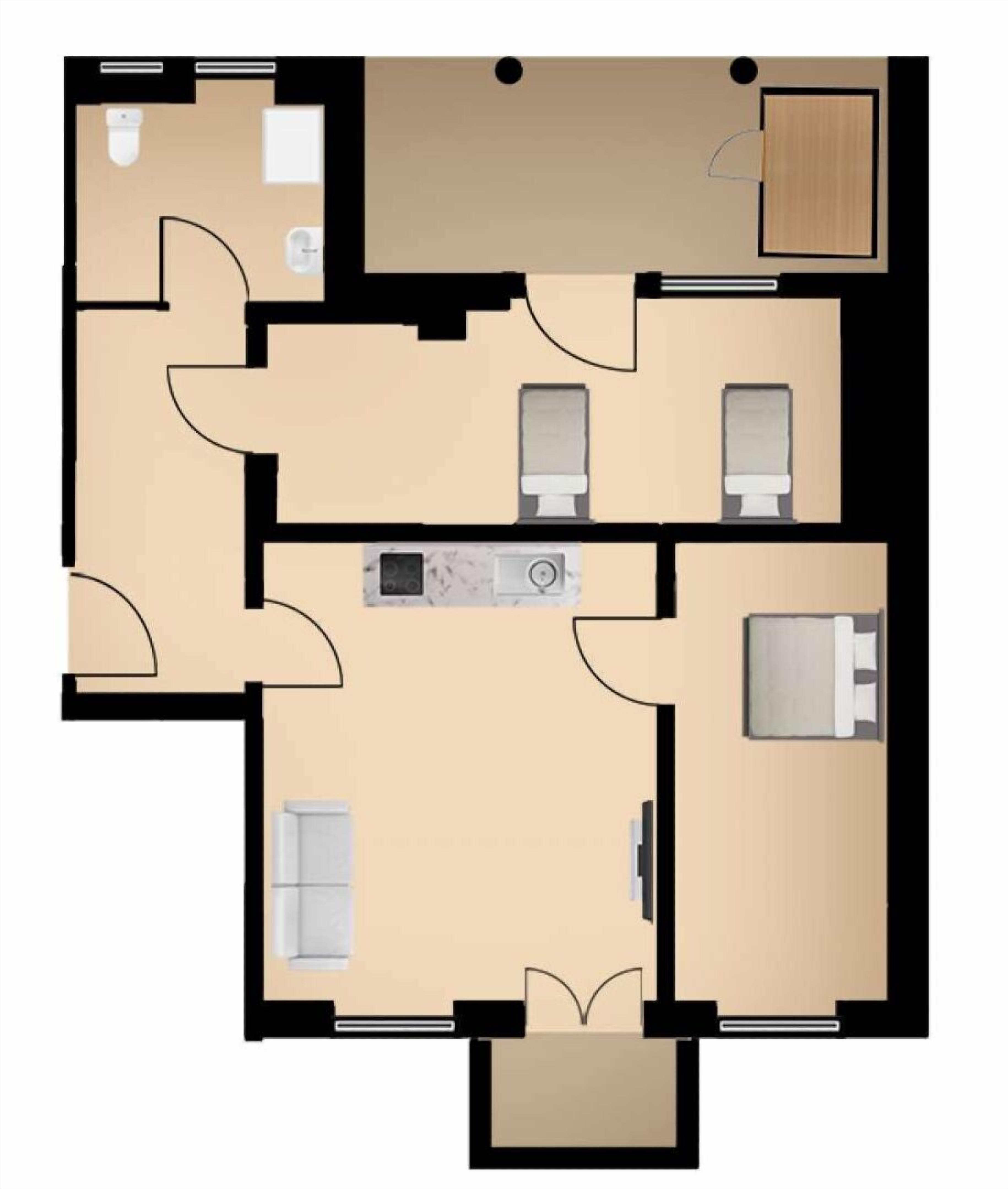 Plano de planta de una habitación de hotel con kitchenette, baño, zona de estar y cama.