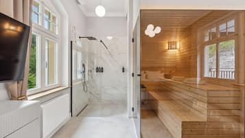 Shower, hair dryer, towels