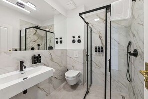 Shower, hair dryer, towels
