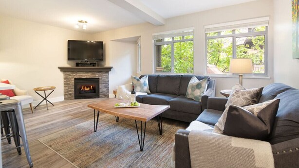 A modern living room with a fireplace, a sofa, a coffee table, and a TV.