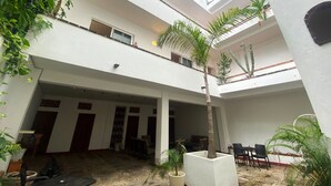 Um pátio em vários níveis, com uma palmeira central, plantas em vasos e mesas ao ar livre.