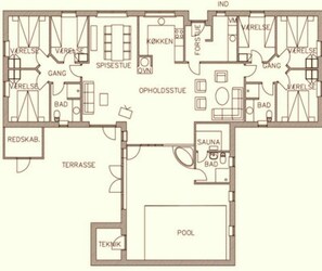 Et hotelplantegning med flere badeværelser en suite, sauna, pool og terrasse.