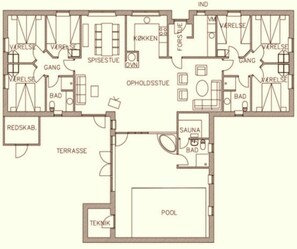 Et hotelplantegning med flere badeværelser ensuite, en swimmingpool og en sauna.