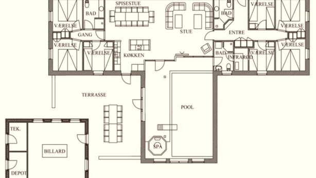 A hotel floor plan with a pool, spa, billiard room, and multiple ensuite bathrooms. - 4 Star Holiday Home in Ulfborg (Ulfborg)