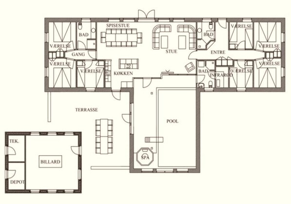 Een plattegrond van een hotel met een zwembad, spa, biljartruimte en meerdere badkamers met privé sanitair.