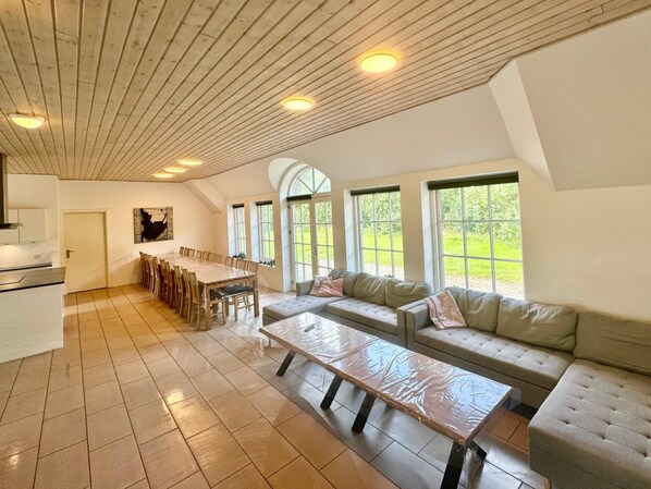 A spacious living area with a long dining table, a sofa, and a coffee table. - 4 Star Holiday Home in Ulfborg (Ulfborg)