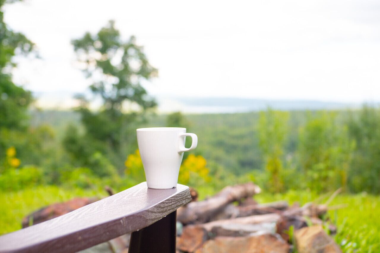 A white cup on a wooden ledge with a blurred green landscape in the background.