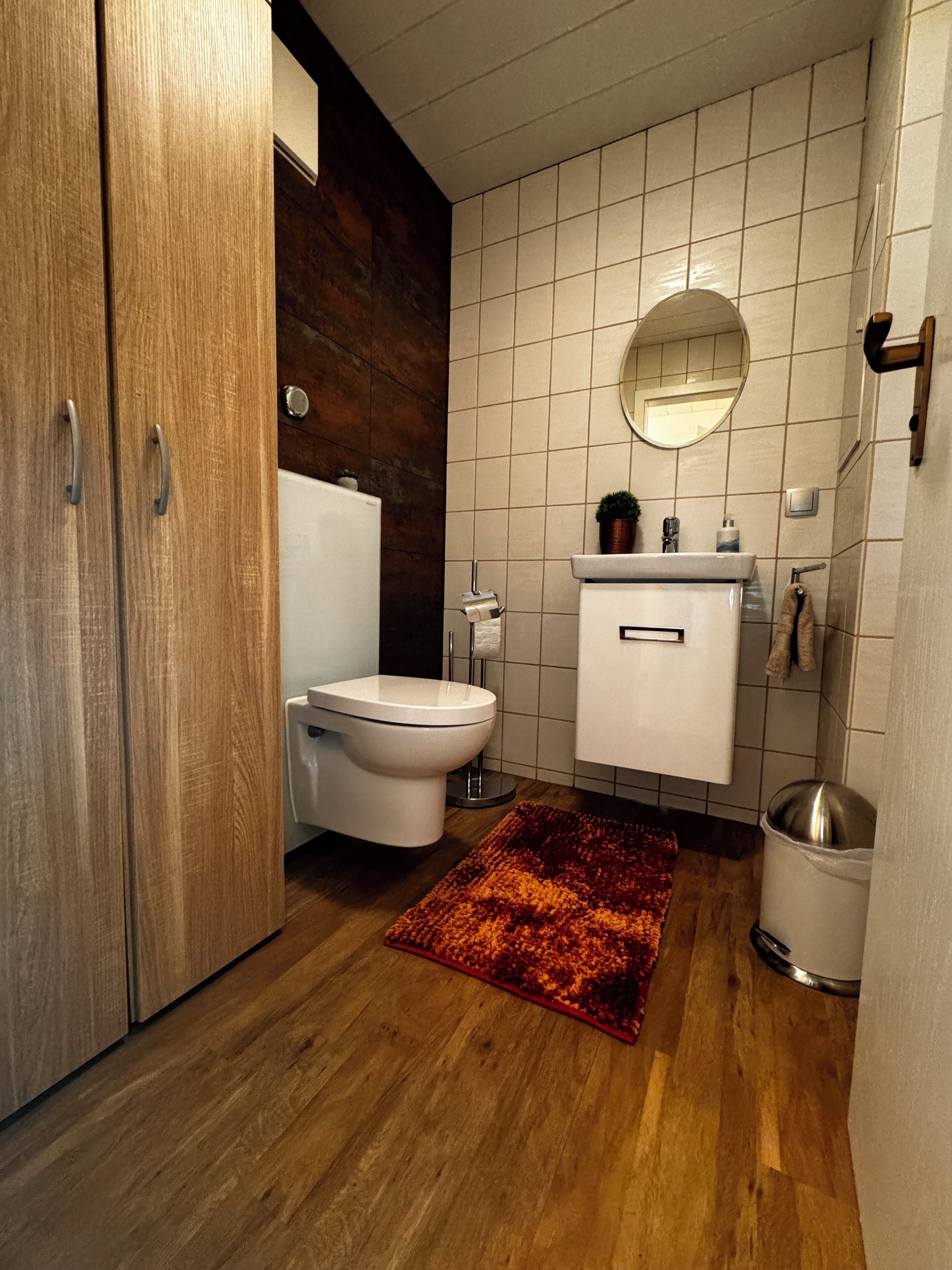 A modern bathroom with a toilet, sink, and mirror. There is a wooden floor and a red rug.