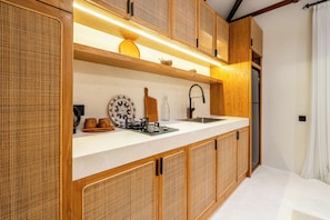 Fridge, stovetop, espresso maker, electric kettle
