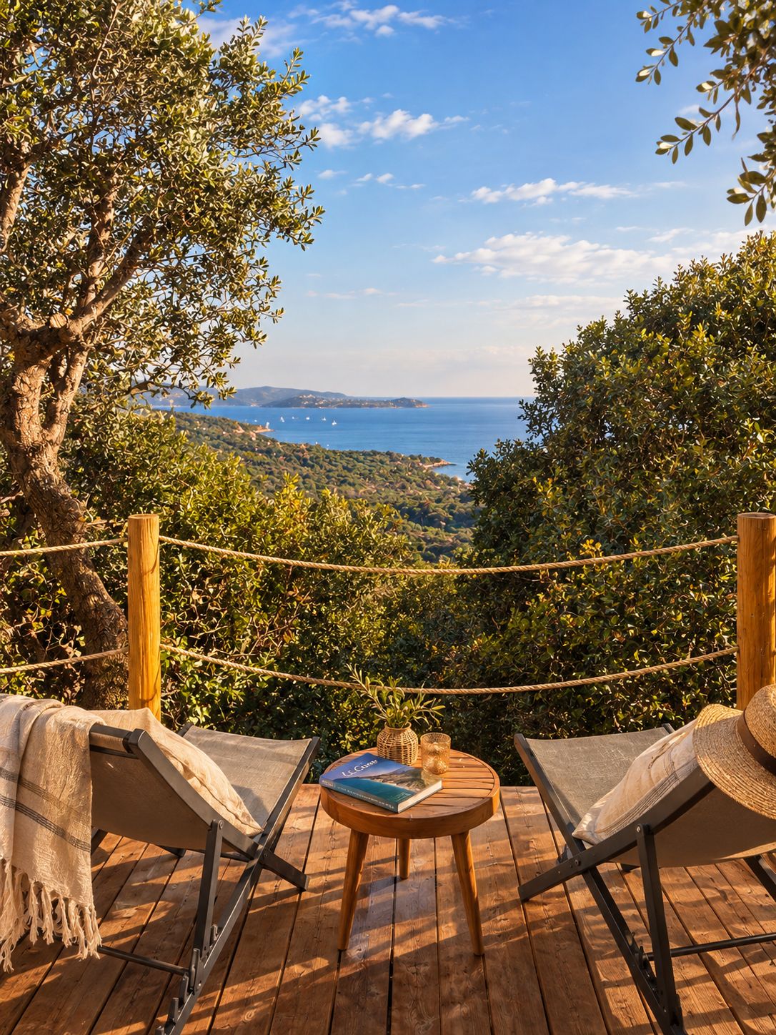 Um deck de madeira com duas espreguiçadeiras e uma mesa pequena, com vista para uma paisagem costeira com árvores e o mar.