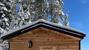 Une cabane en bois avec une porte, une petite fenêtre et une lanterne fixée au mur.