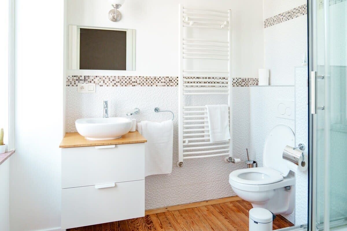 Shower, hair dryer, soap, shampoo