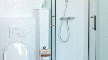 Shower, hair dryer, shampoo