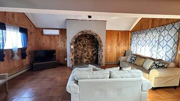 Smart TV, fireplace, books