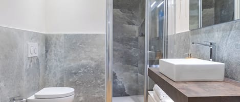 Shower, hair dryer, bidet, towels