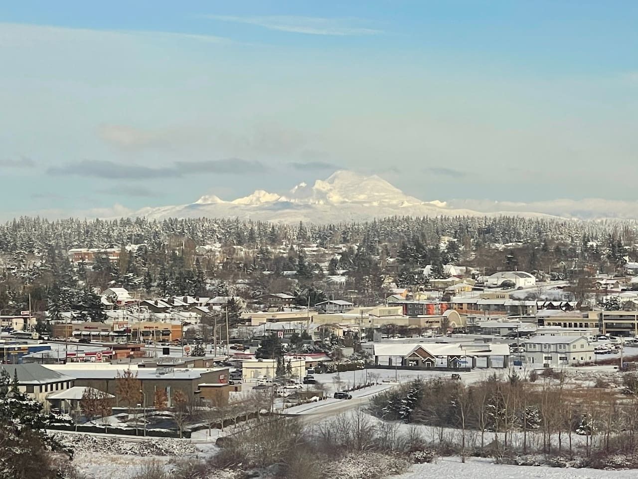A town with buildings and a mountain in the background.