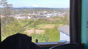 A room with a view of a town and mountains, a chair, and a table with a book and a bottle.