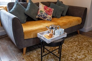 Smart TV, fireplace, books