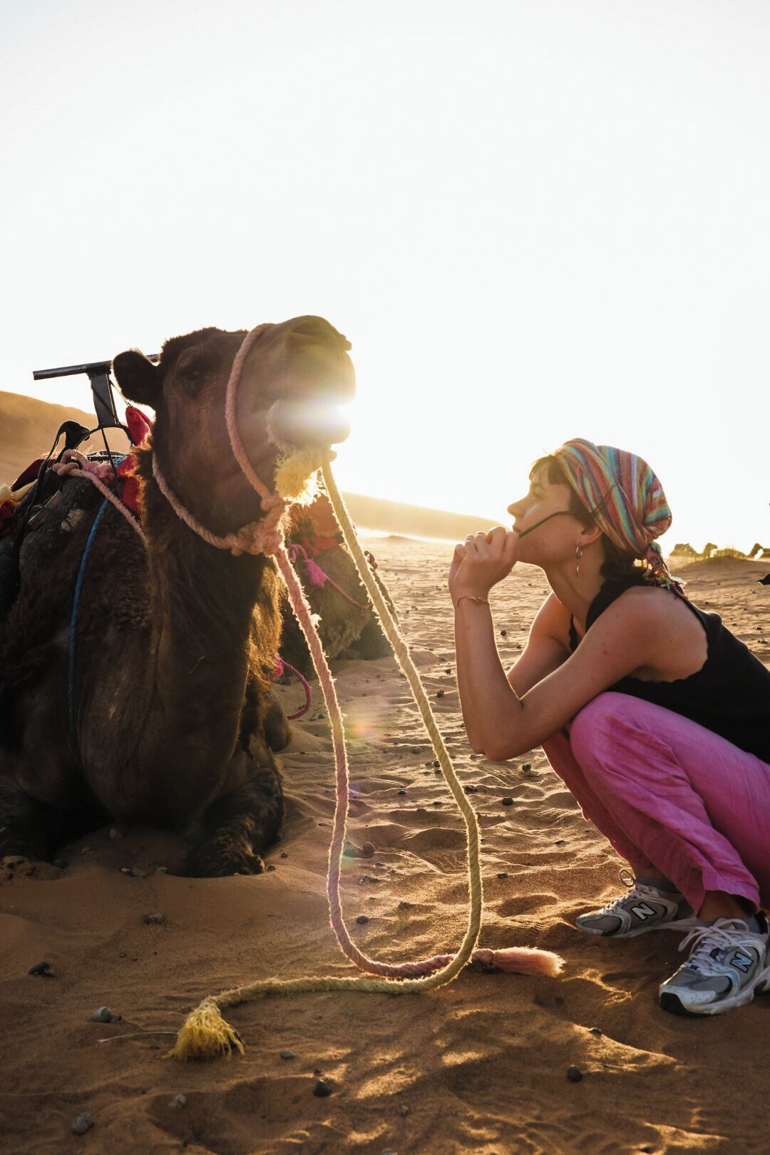 Ein Kamel mit Sattel und Zügel, und eine Person sitzt im Sand.