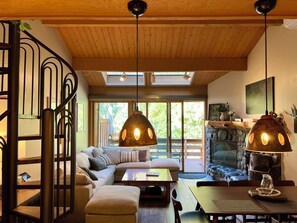 Télévision, cheminée, chaîne hi-fi