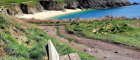 Un banco con vistas a un paisaje costero, una playa de arena y acantilados.
