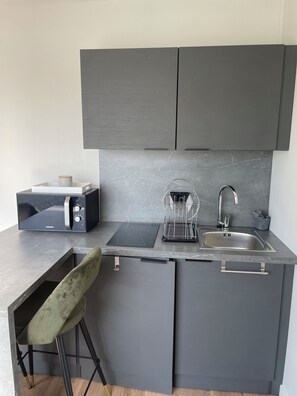Réfrigérateur, micro-ondes, plaque de cuisson, cafetière/bouilloire