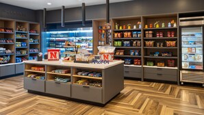 A modern grocery store with shelves stocked with snacks and beverages, a central counter with a sign, and a refrigerated section. - Home2 Suites By Hilton Kearney (Kearney)