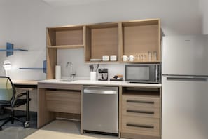 Studio, 1 King Bed, Accessible (Roll-In Shower) | Private kitchen | Full-sized fridge, microwave, dishwasher, cookware/dishes/utensils