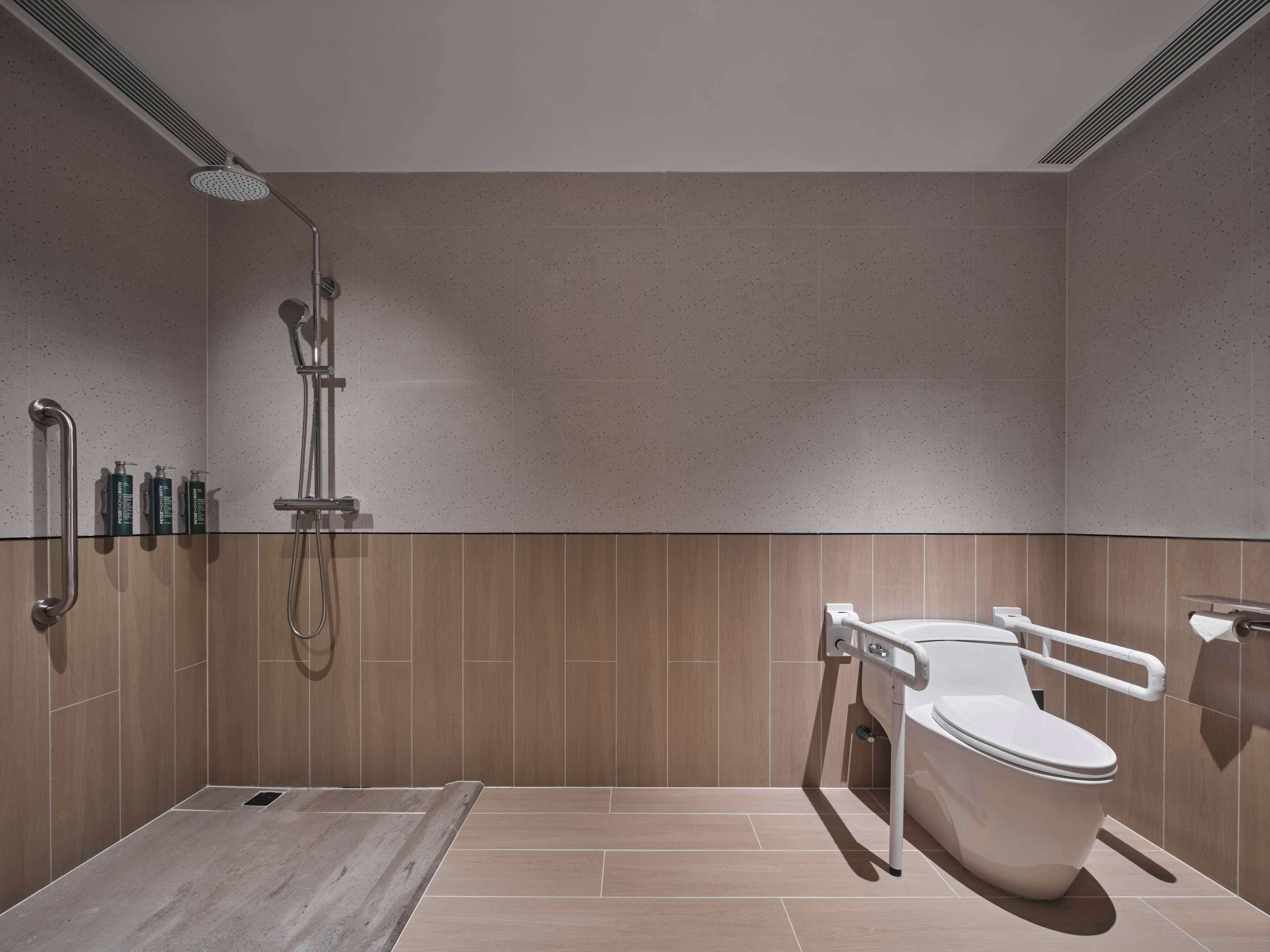 Un baño moderno con ducha, inodoro y barras de apoyo.
