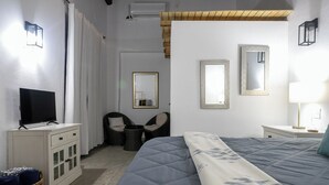 A bedroom with a bed, a television on a cabinet, a chair, a small table, and a mirror on the wall. - Hugo's Rental (San Juan)